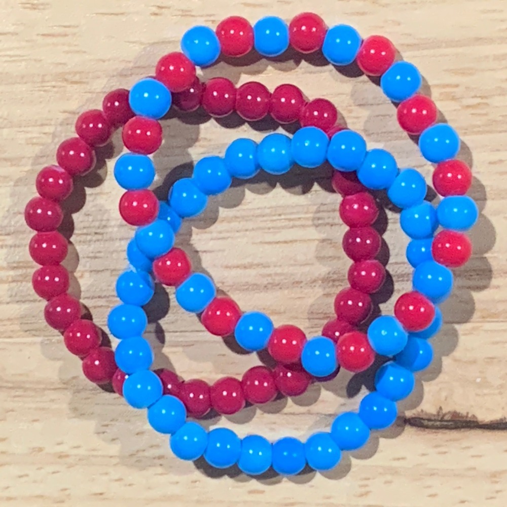 Handcrafted 3 Pc‎ Blue and Red Beaded Stretch Bracelets 6mm Round Plastic Beads